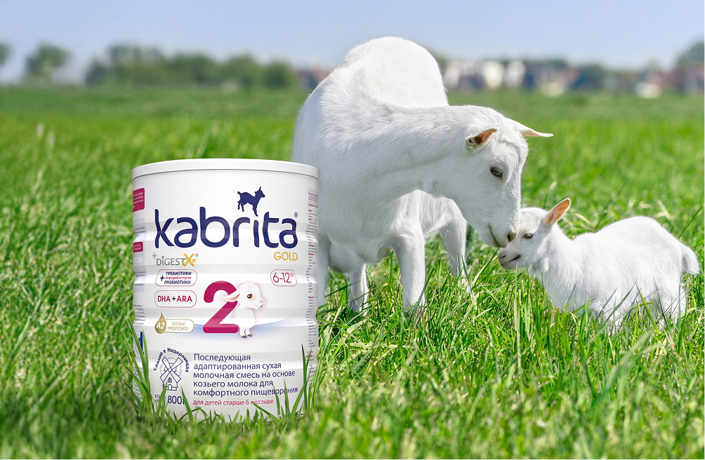 Смесь Kabrita рядом с козой и козленком на лугу