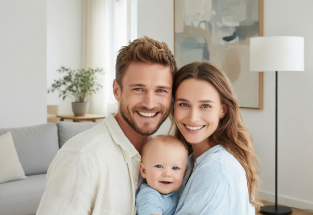 Радостная молодая семья с новорождённым ребёнком. Материнский капитал 2026 помогает семьям в Москве и по всей России